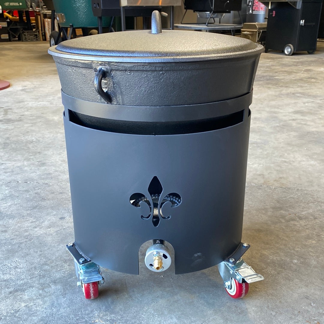 5 Gallon Cast Iron Jambalaya Pot Windproof Steel Roll Around Combo on wheels, ideal for outdoor cooking and BBQ.