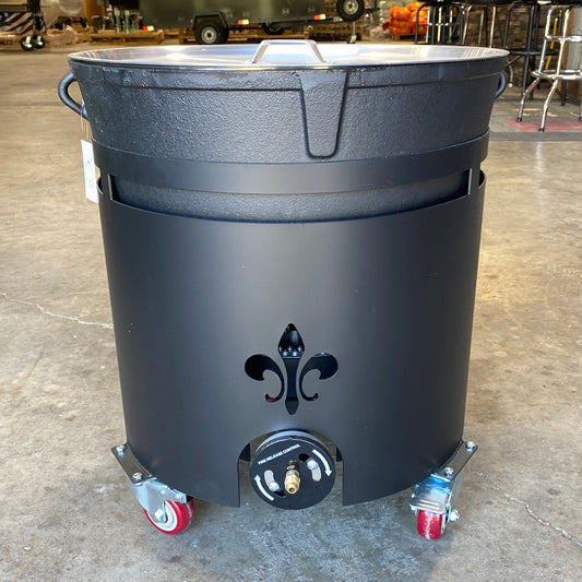 10 Gallon Windproof Steel Roll Around Combo W/ Fleur-de-lis Cutout for grills smokers and cookers with wheels.