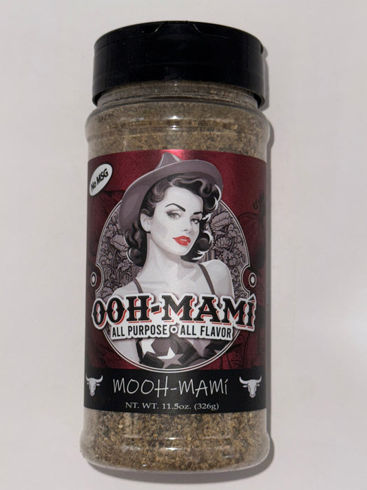 Mooh-Mami All Purpose Seasoning 11.5oz for grills smokers and cookers, enhancing your BBQ with rich flavor.