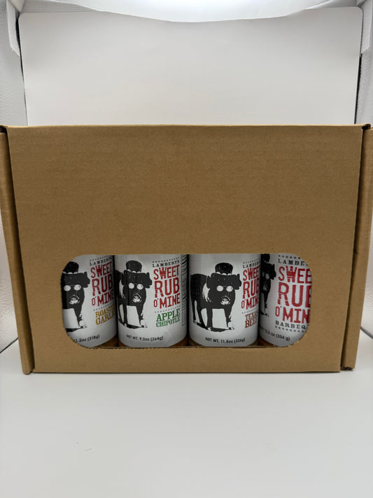 Sweet Rub O' Mine Seasoning Kit/ Gift Pack featuring Roasted Garlic and Apple rubs, perfect for grills and smokers.