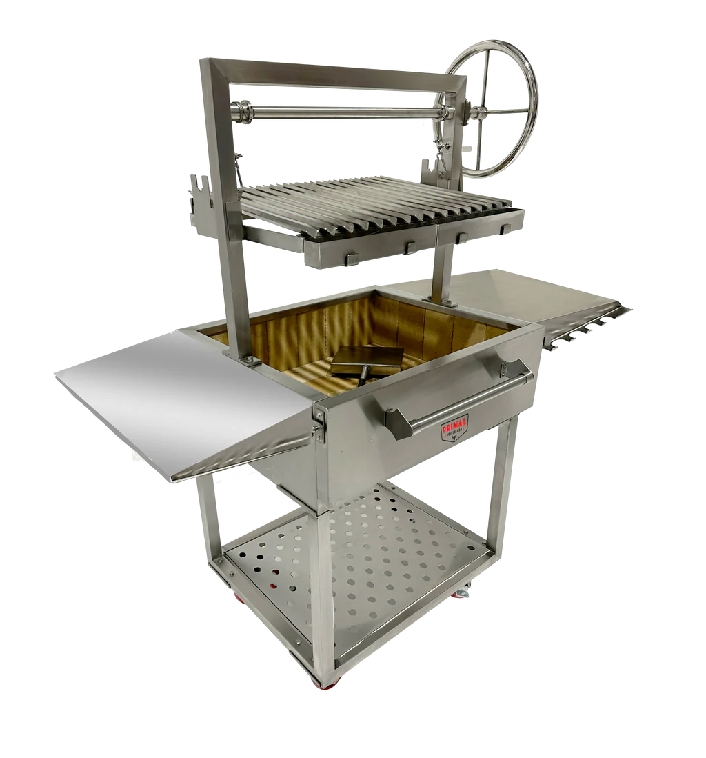 Primal Grills Live Fire Model 32 Inch showcasing its stainless steel build, versatile grilling features, and compact design.