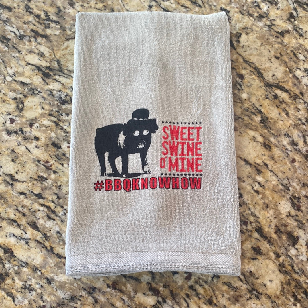 Sweet Swine O' Mine Hand Towels on a countertop, perfect for grilling, BBQ accessories, and outdoor cookers.