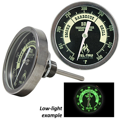 Tel-Tru Thermometer BQ300 4" Stem W/ Black Glow Dial for BBQ grills, smokers, cookers, and outdoor cooking.