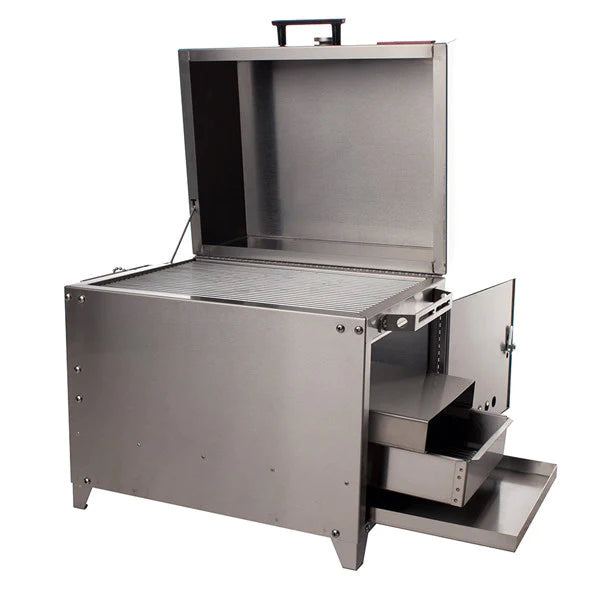 Hasty Bake Ranger 380 portable grill featuring 258 square inches cooking space and stainless steel construction.