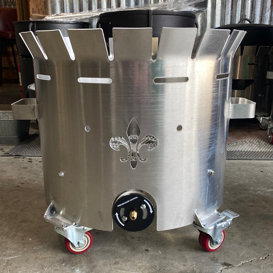 15 Gallon Windproof Aluminum Roll Around Stand on wheels for easy mobility and outdoor cooking.