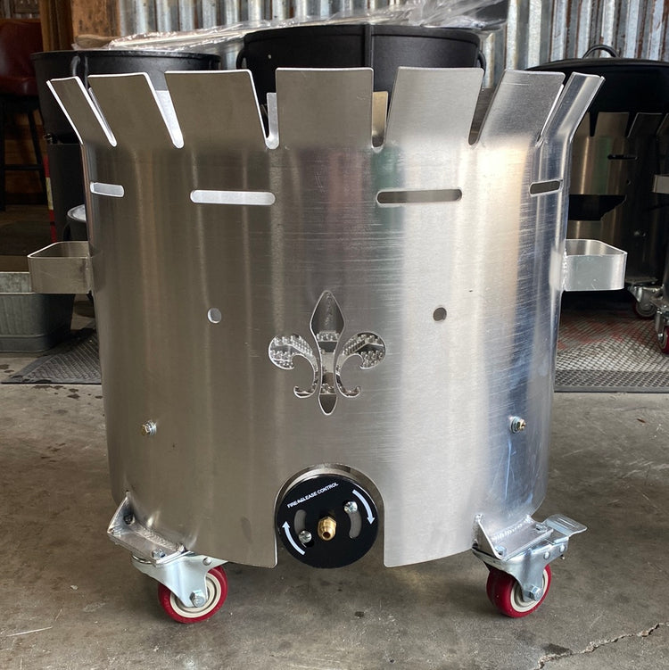 15 Gallon Windproof Aluminum Roll Around Stand on wheels for easy mobility and outdoor cooking.