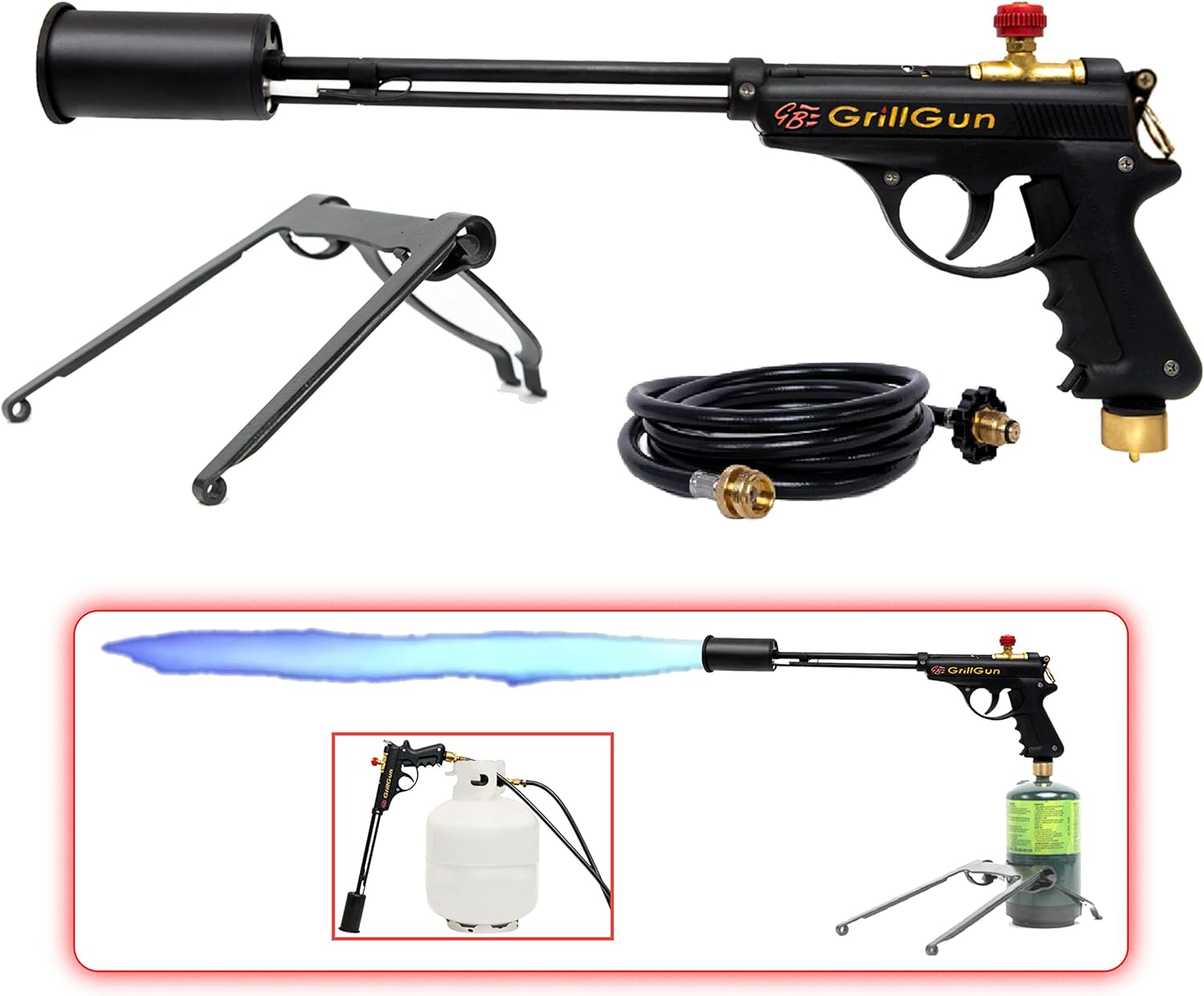 Grill Blazer Grill Gun with bottle stand for lighting charcoal grills and smokers quickly and efficiently.