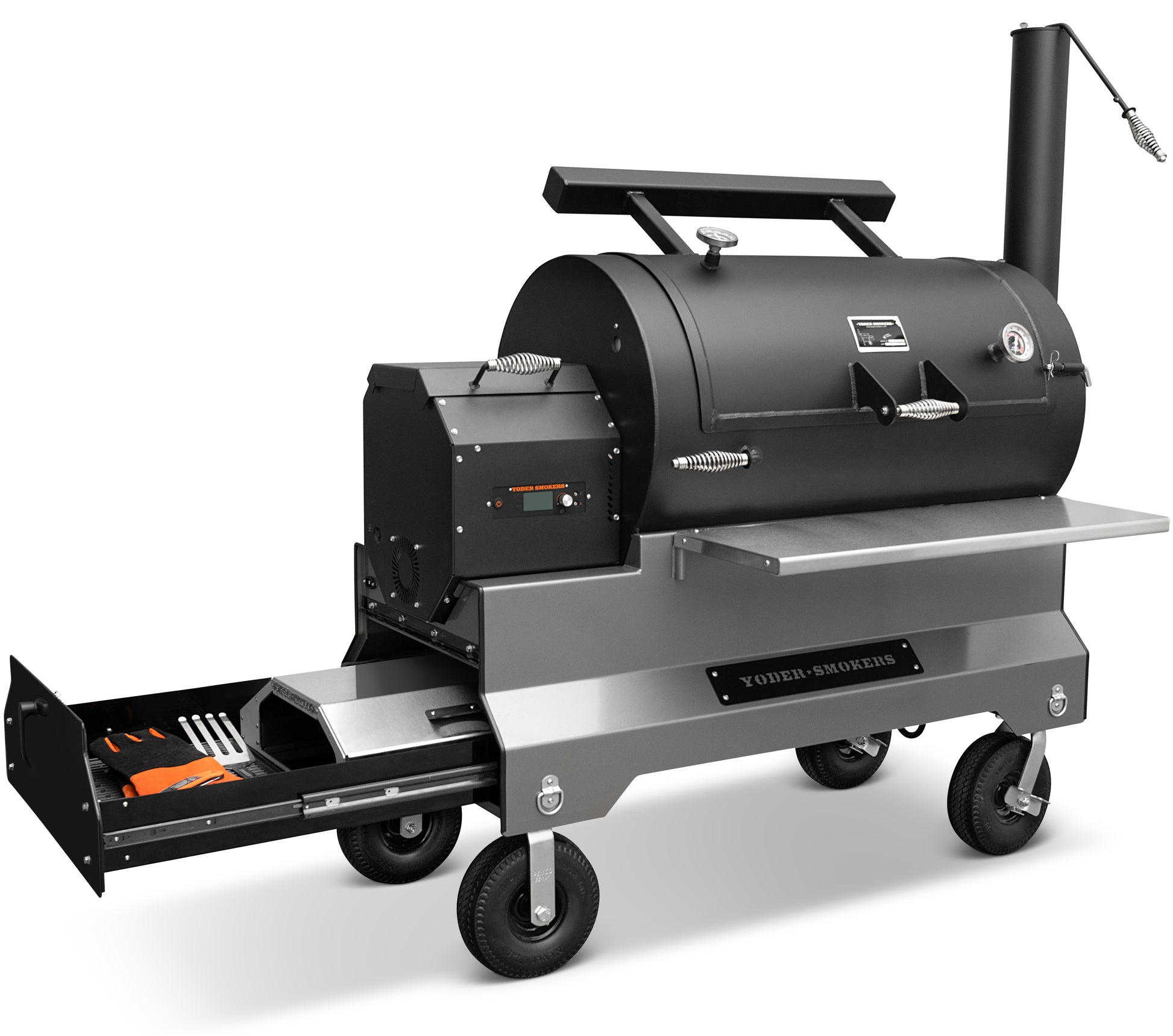 Yoder YS1500 With Competition Cart & Storage Drawer System for outdoor grilling and BBQ. Premium pellet cooker.