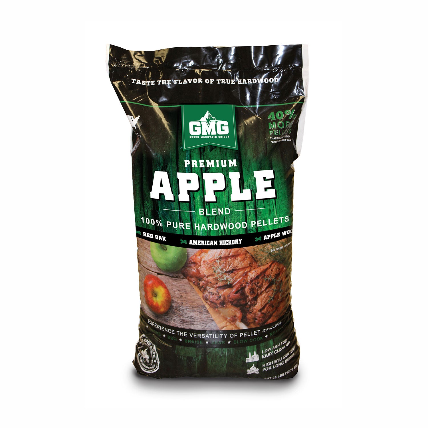 Green Mountain Grills Premium Apple Pellets bag showcasing authentic apple wood blend for grills, smokers, and cookers.