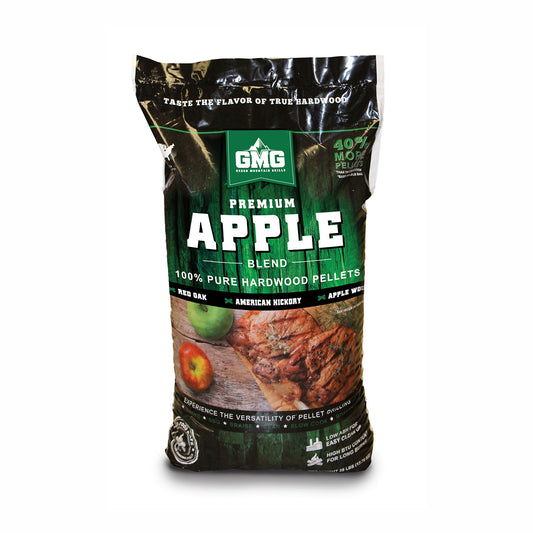 Green Mountain Grills Premium Apple Pellets bag showcasing authentic apple wood blend for grills, smokers, and cookers.
