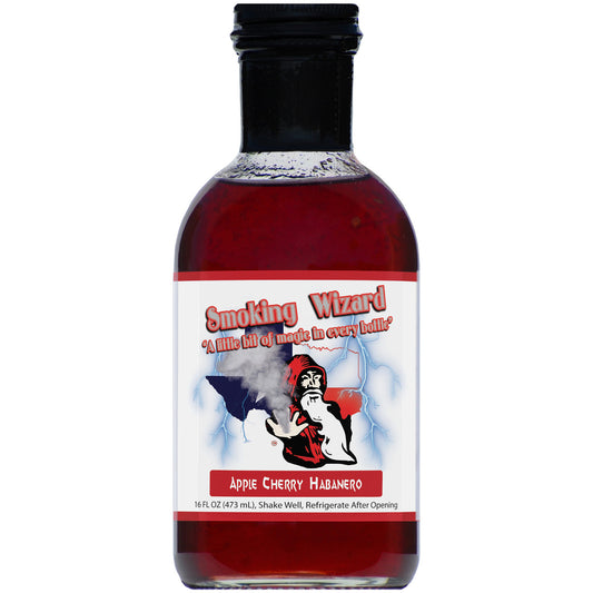 Smoking Wizard Apple Cherry Habanero BBQ Glaze bottle, premium BBQ sauce for grills smokers and cookers.