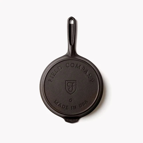 Field Company No. 6 Cast Iron Skillet, perfect for grilling, searing, and BBQ cooking, compatible with various grills and smokers.