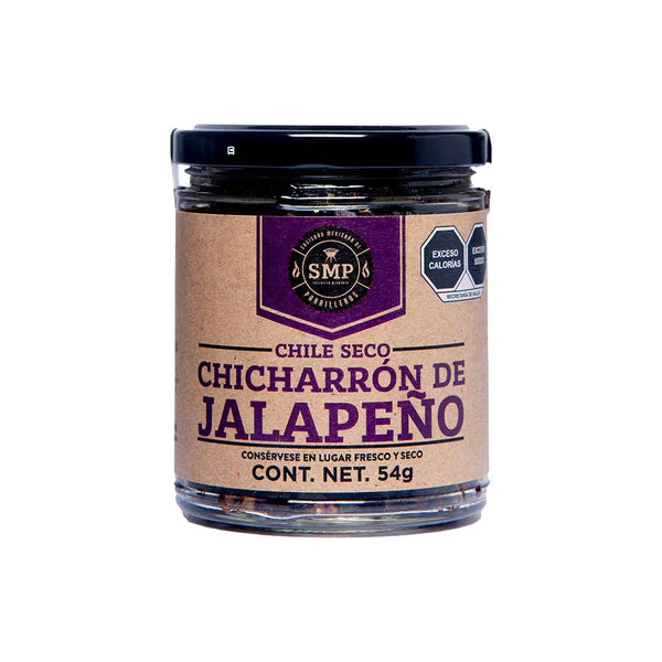 SMP Jalapeño Chicharrón jar showcasing the spicy fried jalapeño chili, perfect for grills smokers and cookers.