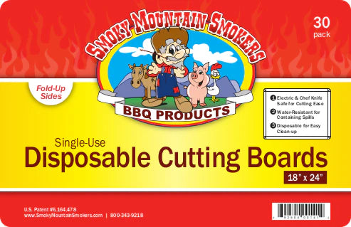 Smokey Mountain Disposable Cutting Boards 18"X24" packaging showcasing easy clean-up and fold-up sides for juicing.