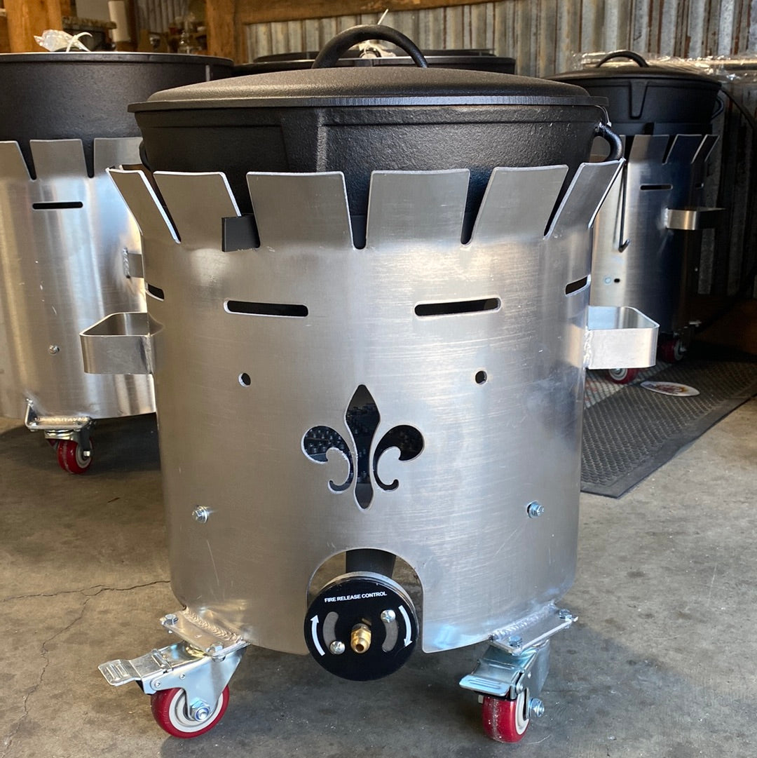 5 Gallon Cast Iron Jambalaya Pot Windproof Aluminum Roll Around Combo on wheels for outdoor cooking and BBQ.