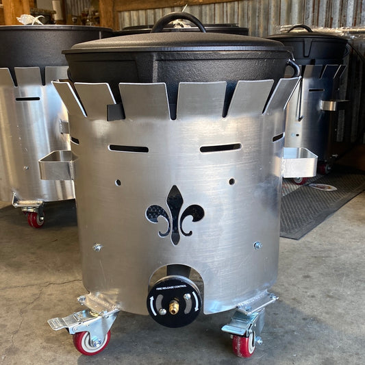 5 Gallon Cast Iron Jambalaya Pot Windproof Aluminum Roll Around Combo on wheels for outdoor cooking and BBQ.