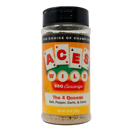 Aces Wild The 4 Queens Rub, 10oz with salt, pepper, garlic, and celery for BBQ grills and smokers.