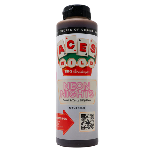 Aces Wild Neon Nights Sweet & Zesty BBQ Glaze, perfect for grills, smokers, and outdoor cooking tools.