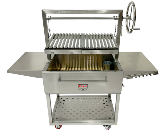 Primal Grills Live Fire Model 40 Inch outdoor grill with stainless steel design, perfect for backyard grilling and BBQ fiestas.