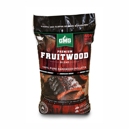 Green Mountain Grills Premium Fruitwood Pellets for grills, smokers, and cookers, enhancing BBQ flavor with sweet smoke.