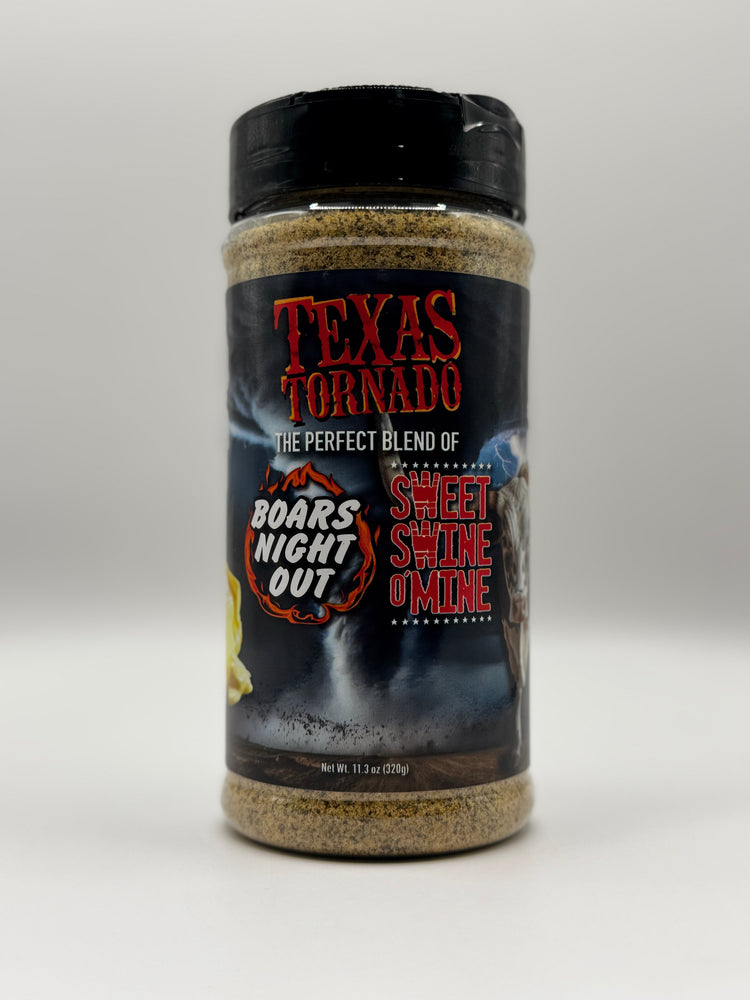 Sweet Swine O' Mine & Boars Night Out Texas Tornado 11.3oz Shaker seasoning for grills smokers and cookers.