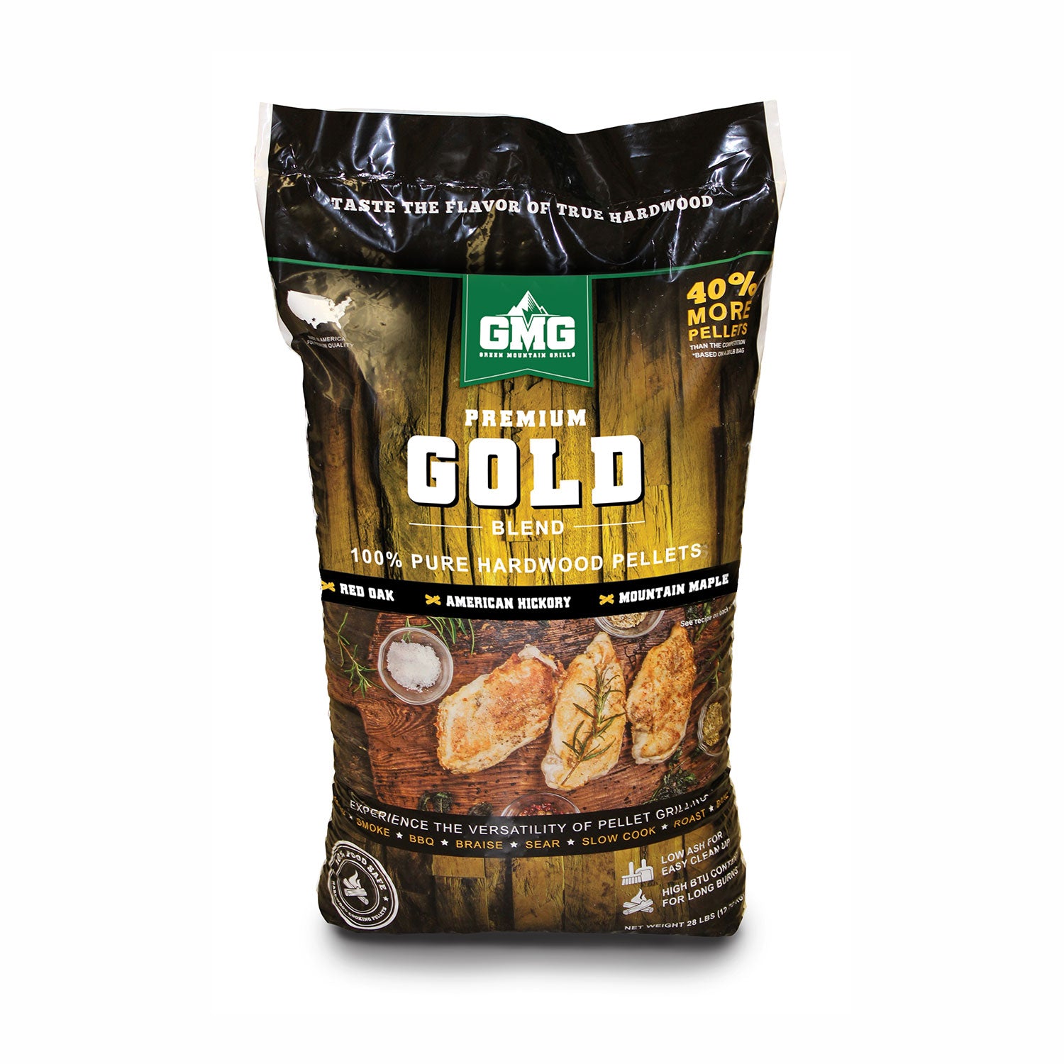 Green Mountain Grills Premium Gold Pellets for pellet smokers, outdoor grills, and BBQ cooking tools.