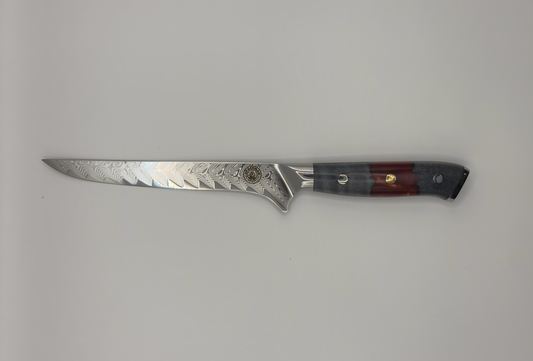 Spaceman Triton Boning Knife with a beautiful feathered VG-10 steel blade and epoxy handle, perfect for grilling enthusiasts.