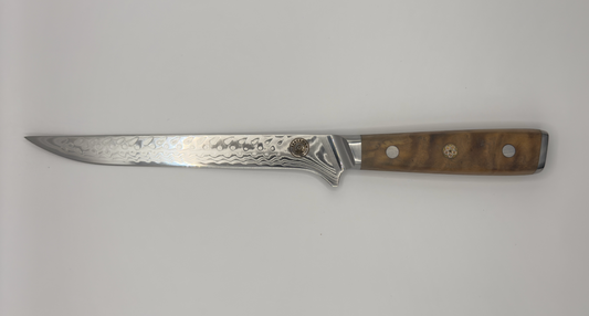 Spaceman Interstellar-Olive Boning Knife with a sleek Damascus steel blade and stylish wood handle for precision cooking.