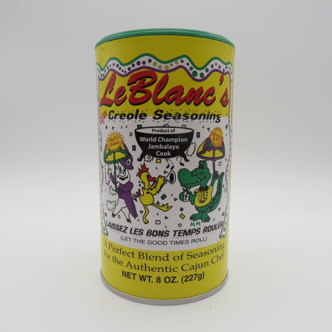 LeBlanc's Creole Seasoning 8oz can featuring vibrant design, perfect for grilling with grills smokers and cookers.