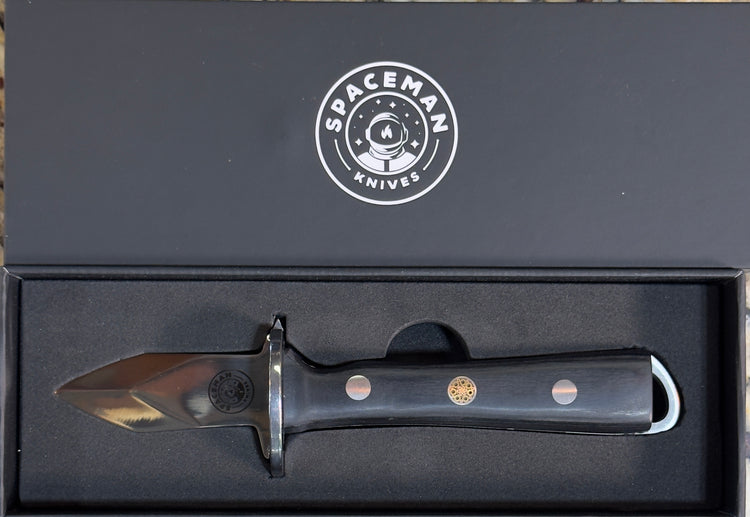 Spaceman Oyster Shucker Knife in a sleek box, perfect for grilling and outdoor BBQ enthusiasts.