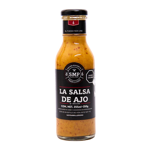 SMP Salsa DE AJO Garlic Sauce bottle, perfect for enhancing flavors in grills smokers, BBQ sauces, and marinades.