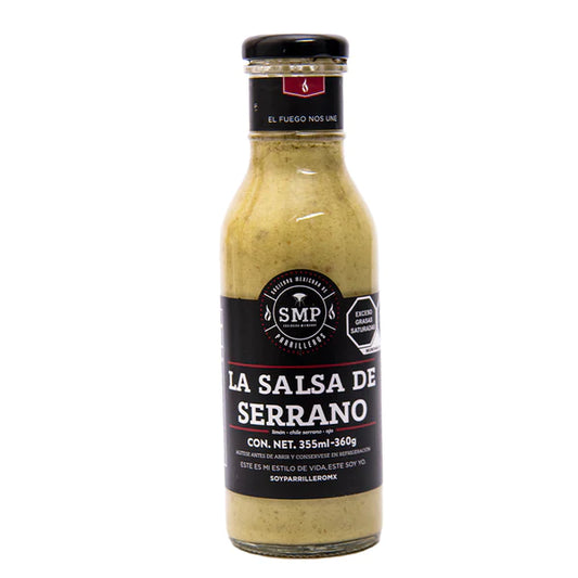 SMP Salsa DE Serrano sauce bottle for flavorful barbecues, perfect for marinades and as a topping for outdoor grills.