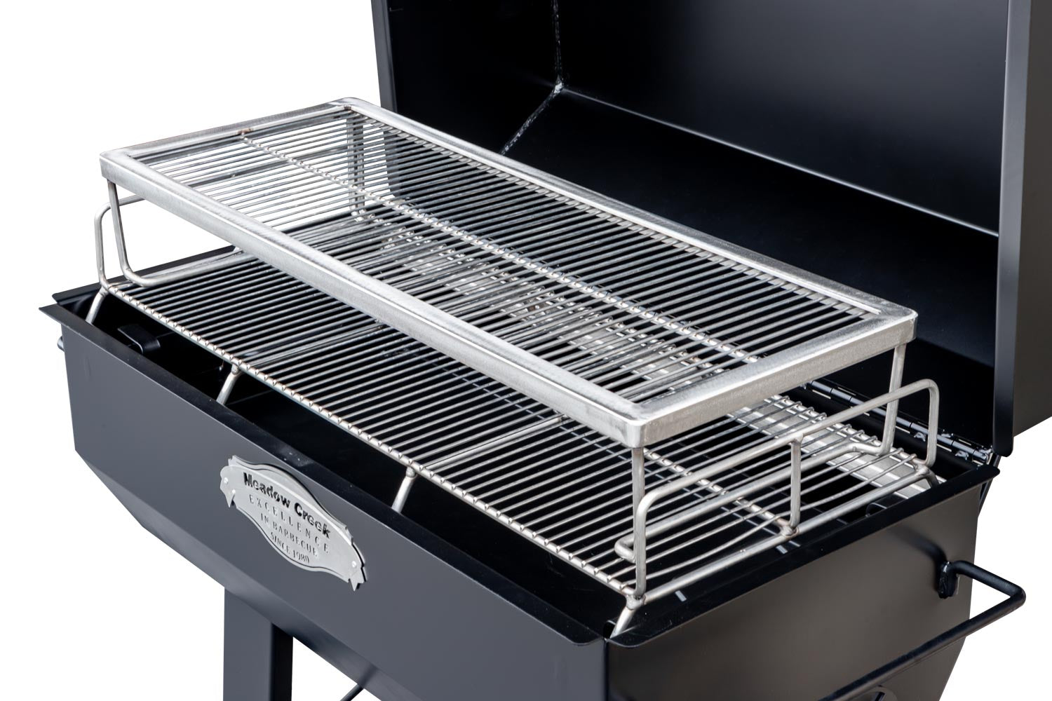 Meadow Creek PR-60T W/ Charcoal Pull Out, Charcoal Grilling Pan, Vinyl Cover, And 2nd Tier Grate with grilling grate.