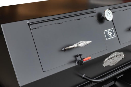 Meadow Creek PR 72 GT W/ Charcoal Pullout, 2nd Tier Grate, Vinyl Cover, Doors In Lid smoker detail features.