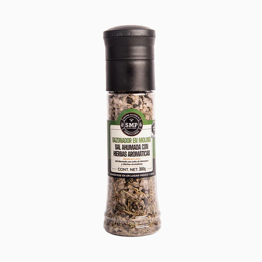 SMP Smoked Salt Mill Seasoning with Aromatic Herbs in a grinder, perfect for enhancing BBQ flavors with grills and smokers.