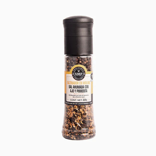 SMP Smoked Salt Mill Seasoning with Pepper and Garlic for BBQ rubs and grilling accessories