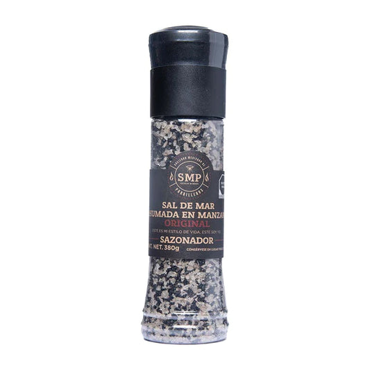 SMP Apple Wood Smoked Sea Salt with Grinder, perfect for grills smokers and cookers, BBQ rubs, and marinades.
