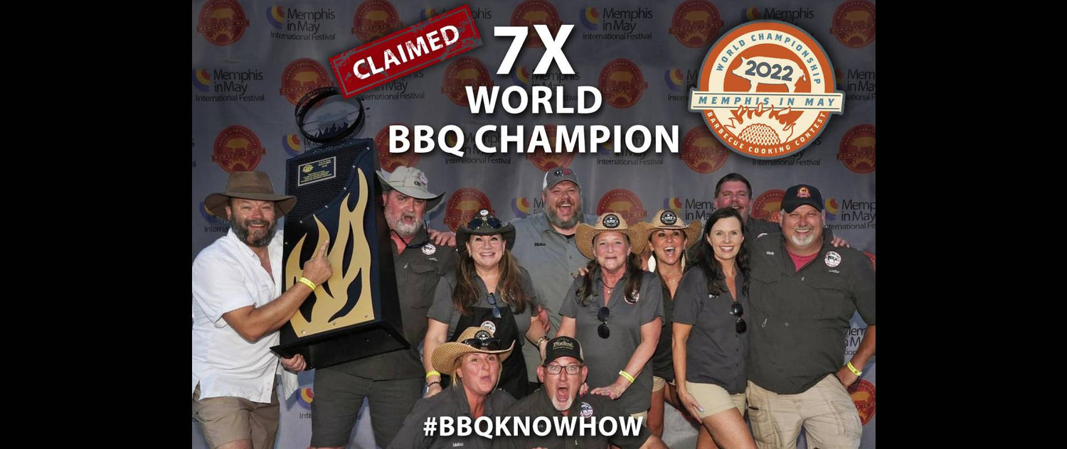 7X World BBQ Champion team celebrating victory with trophy and branded background #BBQKNOWHOW.