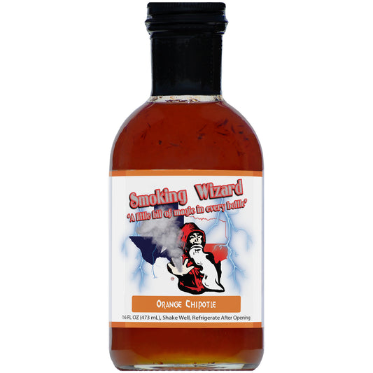 Smoking Wizard Orange Chipotle BBQ Glaze in a bottle, perfect for grilling with grills smokers and cookers.