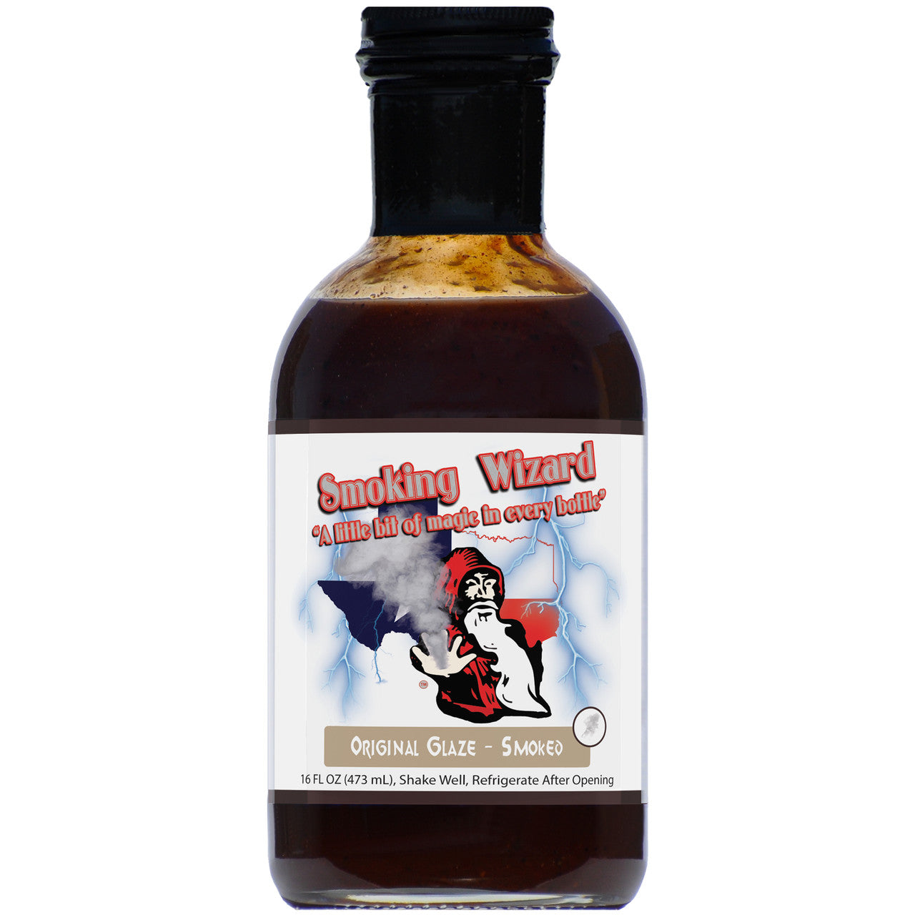 Smoking Wizard Original Smoked BBQ Glaze bottle, perfect for grilling with BBQ sauces and marinades for outdoor grills.
