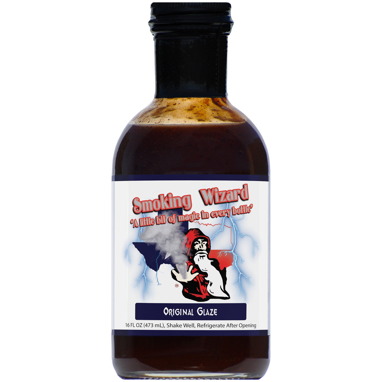 Smoking Wizard Original BBQ Glaze bottle for marinades and sauces, perfect for grills smokers and cookers.