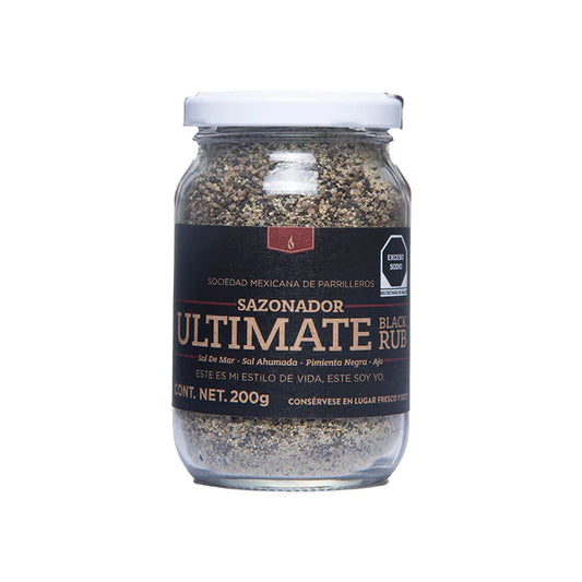 SMP Ultimate Black Rub in a jar, perfect for enhancing flavors in grills, smokers, and cookers for BBQ enthusiasts.