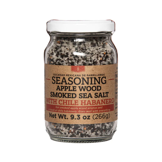 SMP Apple Wood Smoked Sea Salt With Chile Habanero in a jar, perfect for grilling and enhancing barbecue flavors.