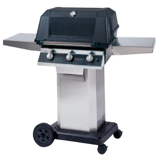 MHP Tri-Burn Gas Grill with three grilling zones, sleek design, and mobility for outdoor cooking.