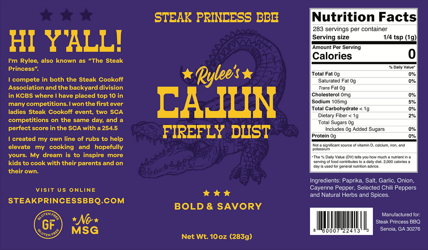 Rylee's Cajun Firefly Dust, a bold and savory BBQ rub for grills, smokers, and cookers to elevate your cooking.