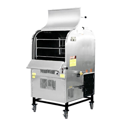 Ole Hickory Ace BP mid size competition smoker with thermostatically controlled cooking method, ideal for BBQ enthusiasts.