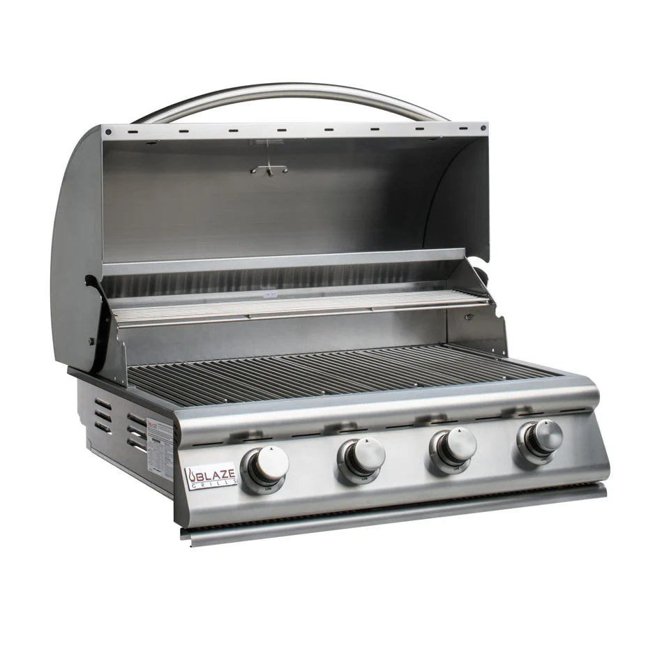 Blaze Prelude LBM 32-Inch 4-Burner Natural Gas Grill with stainless steel finish and spacious cooking surface.