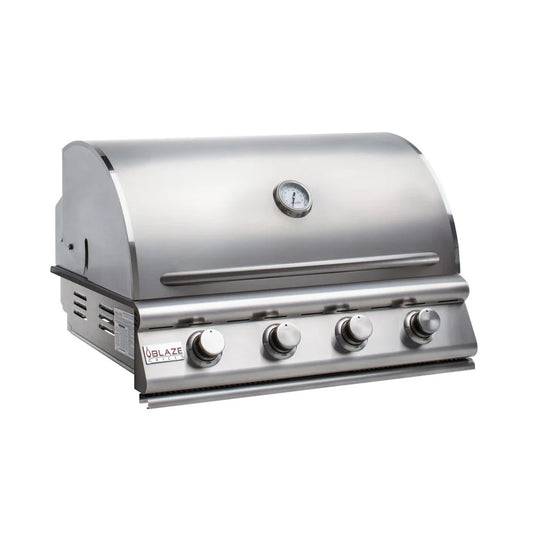 Blaze Prelude LBM 32-Inch 4-Burner Natural Gas Grill showcasing stainless steel design and four burners.