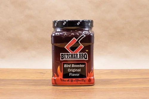 Butcher BBQ Bird Booster Injection Original Flavor in a jar, ideal for grilling and enhancing poultry flavor.