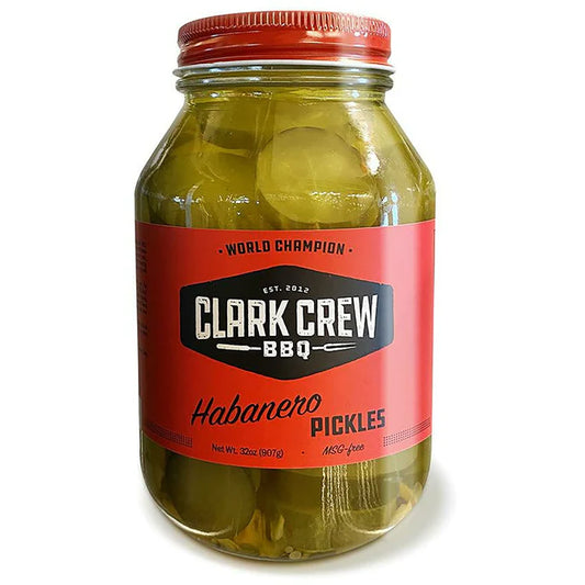 Clark Crew BBQ Habanero Pickles 32 oz. jar with crunchy, spicy pickles for grilling and BBQ enthusiasts.